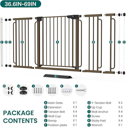 Cumbor Extra Wide Baby Gate, 36.6-69" Walk-Through Dog Gate for Stairs, Doorways & Hallways, 30.5“ Tall, Auto-Close & Dual-Swing Safety Child Gate Indoor, Easy Install Pressure-Mounted Pet Gate, Brown