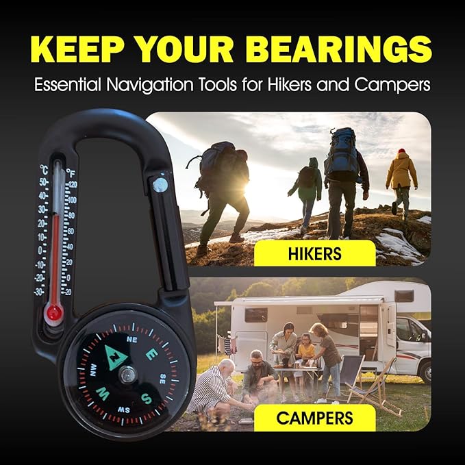 Mini Carabiner Compass Thermometer Keychain – Outdoor Gift for Men, Hikers & Campers – Cool EDC Gadget for Backpacks – Fun Camping Accessory for Him