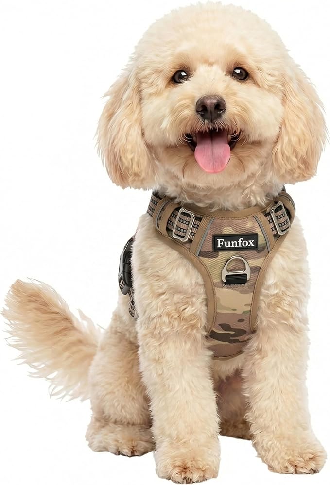 Funfox Dog Harness No Pull, Adjustable Pet Vest Harness, Super Soft Material with Vertical Handle Easy Control, Reflective Night Walking, 2 Leash Clips for Small Sized Dogs, Camo Brown, S