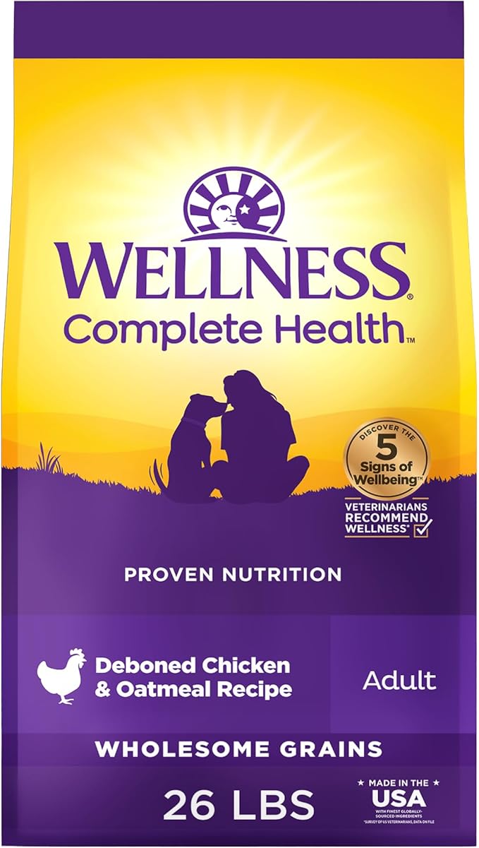 Wellness Complete Health Adult Dry Dog Food, Wholesome Grain Kibble, Natural, Chicken and Oatmeal Recipe, 26 lb Bag