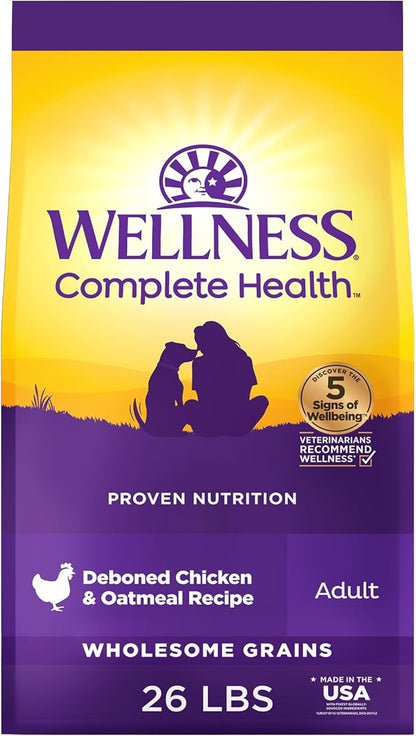 Wellness Complete Health Adult Dry Dog Food, Wholesome Grain Kibble, Natural, Chicken and Oatmeal Recipe, 26 lb Bag