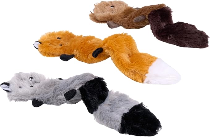 ZippyPaws Skinny Peltz - No Stuffing Dog Toy Pack to Keep Them Busy, for Small and Medium Dogs, Squeaky Pet Toys, Unstuffed Chew Toys, Soft Plush Variety Pack, Fox, Raccoon, and Squirrel - 11"