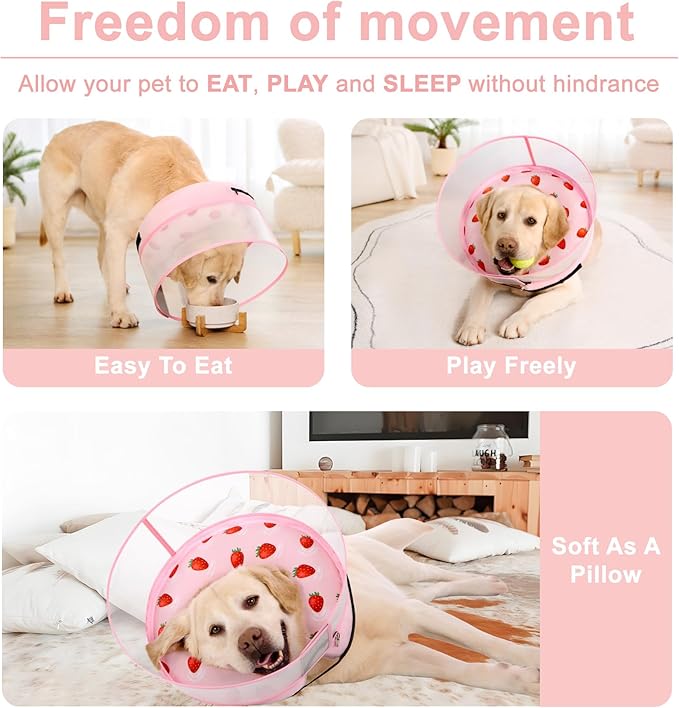 Inflatable Dog Cone Collar for Large Medium Small Dogs, Soft Dog Donut Collar Adjustable Recovery Cone for Pets After Surgery, Extra Enhanced Anti-Licking Guard Shield (Strawberry Print, Medium)