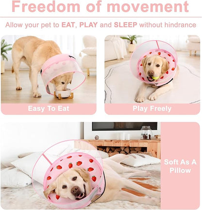 Inflatable Dog Cone Collar for Large Medium Small Dogs, Soft Dog Donut Collar Adjustable Recovery Cone for Pets After Surgery, Extra Enhanced Anti-Licking Guard Shield (Strawberry Print, Medium)