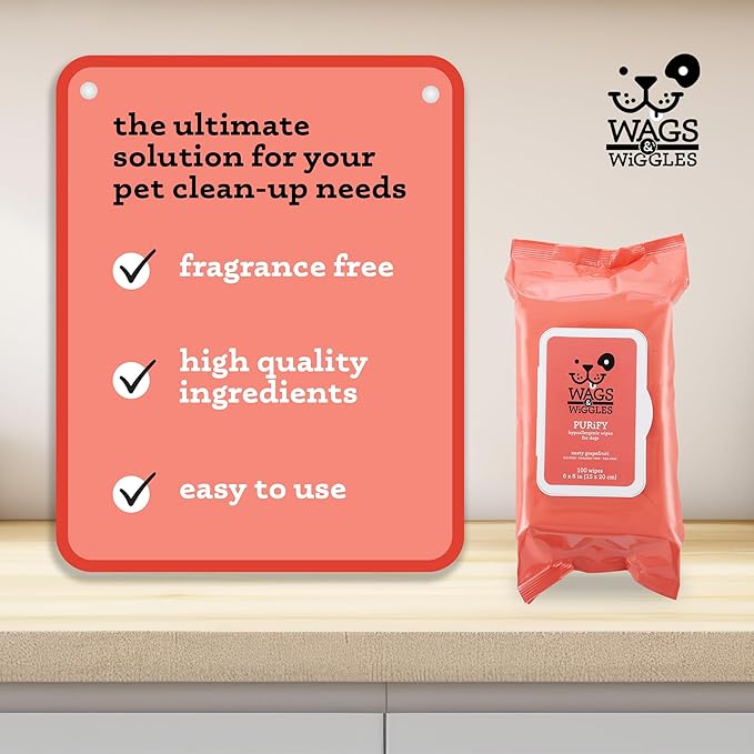 Wags & Wiggles Purify Hypoallergenic Dog Wipes for Sensitive Skin, Paw and Body Grooming Wipes with Gentle Plant Based Formula for Everyday Cleaning, Zesty Grapefruit Scent, 100 Count