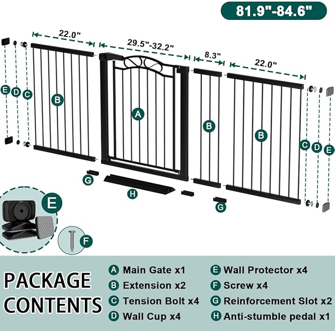 Fairy Baby 81.9"-84.6" Extra Wide Baby Gate for Stairs, Pressure Mounted Auto Close Child Safety Gate with Door No Drill, Large Long Pet Dog Gate for the House Doorways, 82 83 84 Inches Wide, Black