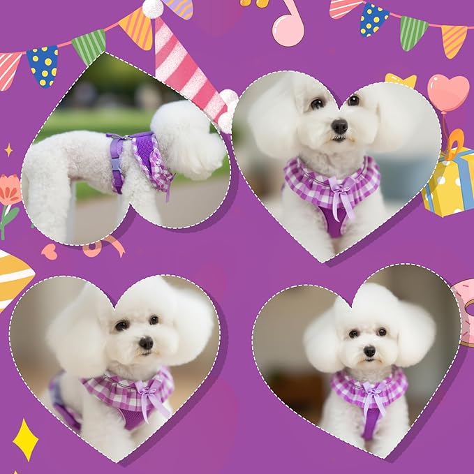 EXPAWLORER Cute Dog Harness Collar Leash Set - Purple Girl Dog Harness Checkered Step-in Design, Detachable Bow Pet Collar, Adjustable No-Choke Lightweight Mesh Vest for Cats Puppy Small Dogs, XS