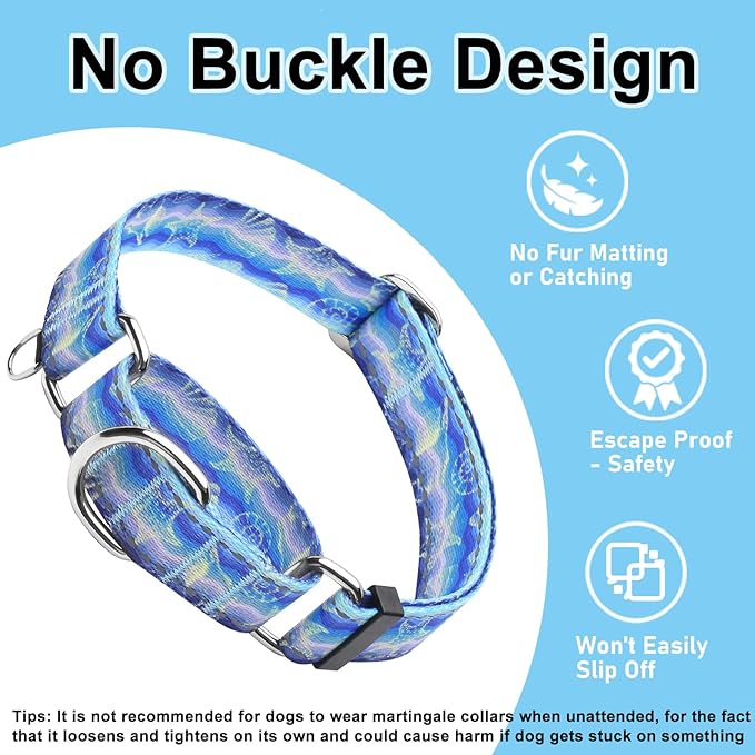 Reflective Martingale Collar for Dogs Nylon Training Collar with No Buckle, No Pull Adjustable Dog Collar for Medium Dogs（Blue Starfish，M）