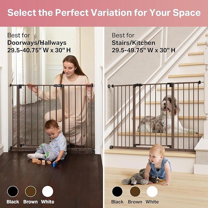 InnoTruth 29.5–40.75" Baby Gate for Stairs, 28" Tall Dog Gates for Doorways & Hallways, Safety Gate for Kids & Pets, Pressure-Mounted Walk-Through with Dual Lock & 2-Way Swing, Brown