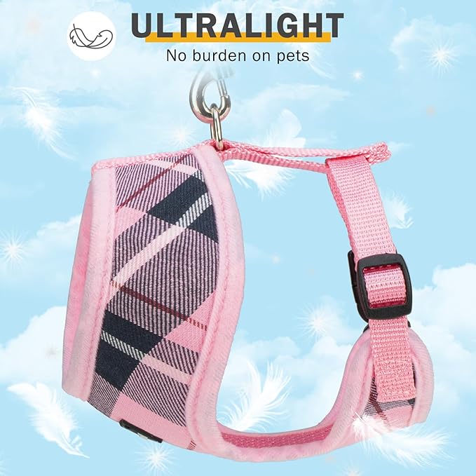SCENEREAL Puppy Dog Harness with Leash Set for Small Medium Sized Dogs, Soft Mesh Pet Harnesses and Leash, No Chock Plaid Adjustable No Pull Vest for Dogs Cats, Chihuahua,Bulldog (Pink XS)