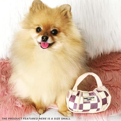 Haute Diggity Dog Chewy Vuiton Handbag Plush Squeaky Dog Toy, Soft Durable Designer-Inspired Stuffed Puppy Chew Toys for Small & Medium Dogs, Machine-Washable (Tan Checker) Small