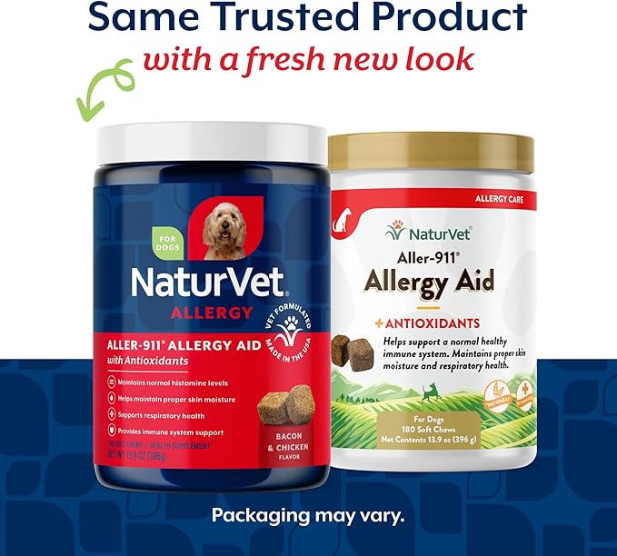 NaturVet Aller-911 Advanced Allergy Aid for Dogs, Cats – Antioxidant-Rich Pet Supplement with Omegas, DHA, EPA – Helps Support Dog Immune System, Cat Respiratory Health, Skin Moisture 180 Soft Chews