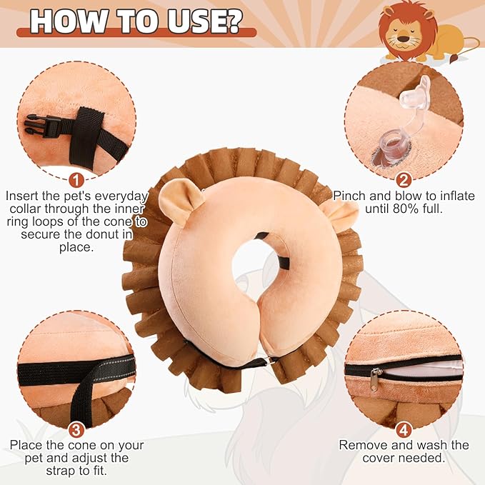KOOLTAIL Inflatable Dog Cone Collar, Soft Donut E Collar for Dogs After Surgery to Stop Licking Enhanced Alternative, Blow Up Pet Neck Pillow Recovery Adjustable Cone for Dog Cat, Lion M