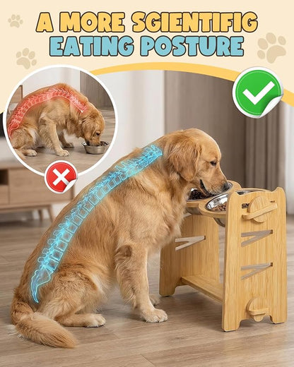 Jovrun Elevated Dog Bowls, Adjustable Raised Dog Bowl Stand for Medium Size Dogs, 15°Tilted Elevated Dog Bowls, Durable Bamboo Dogs Feeder with 2 Stainless Steel Bowls and Non-Slip Feet