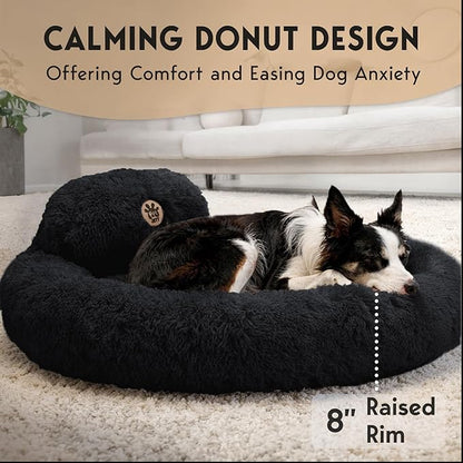 PetJett Large Dog Bed - 36'' Calming Donut Dog Beds, Anti-Slip & Washable Large Round Bed, Fluffy Faux Fur Pet Bed, Super Soft Anti-Anxiety Premium Comfort Bed, Fits Dogs up to 80 lbs - Black