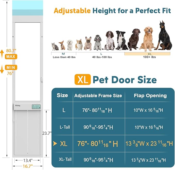 Automatic Sliding Glass Dog Door with Collar Sensor，X-Large Electric Doggy Door for Sliding Glass Doors, Adjustable 76" to 80-11/16" Slider Height, Anti-Pinch, Fits XLarge Dogs Up to 220 Lbs (XL)