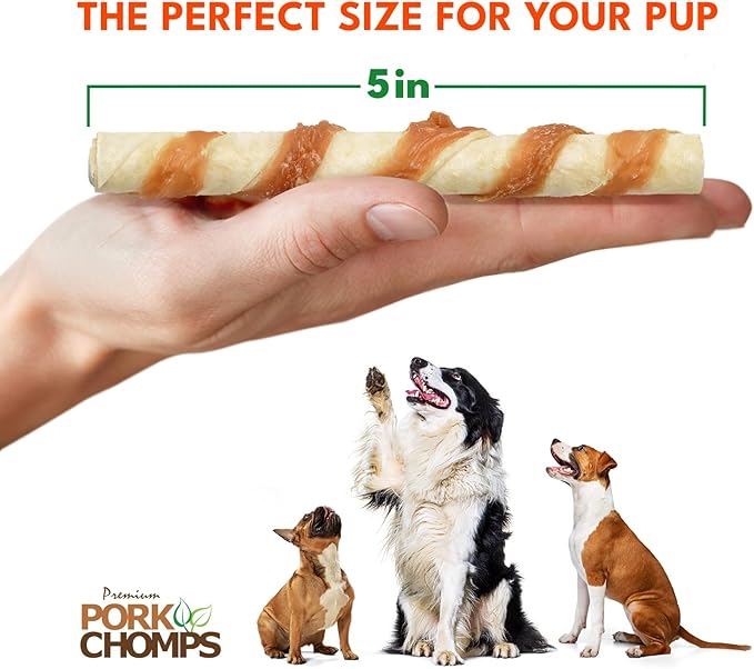 Pork Chomps Baked Pork Skin Dog Chews, 5 Inch Mini Twists, 12 Count - Real Chicken Wrap - Long-Lasting Treats for Dogs - High Protein, Rawhide-Free, Low Fat, Healthy & Delicious Chews