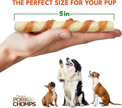 Pork Chomps Baked Pork Skin Dog Chews, 5 Inch Mini Twists, 12 Count - Real Chicken Wrap - Long-Lasting Treats for Dogs - High Protein, Rawhide-Free, Low Fat, Healthy & Delicious Chews