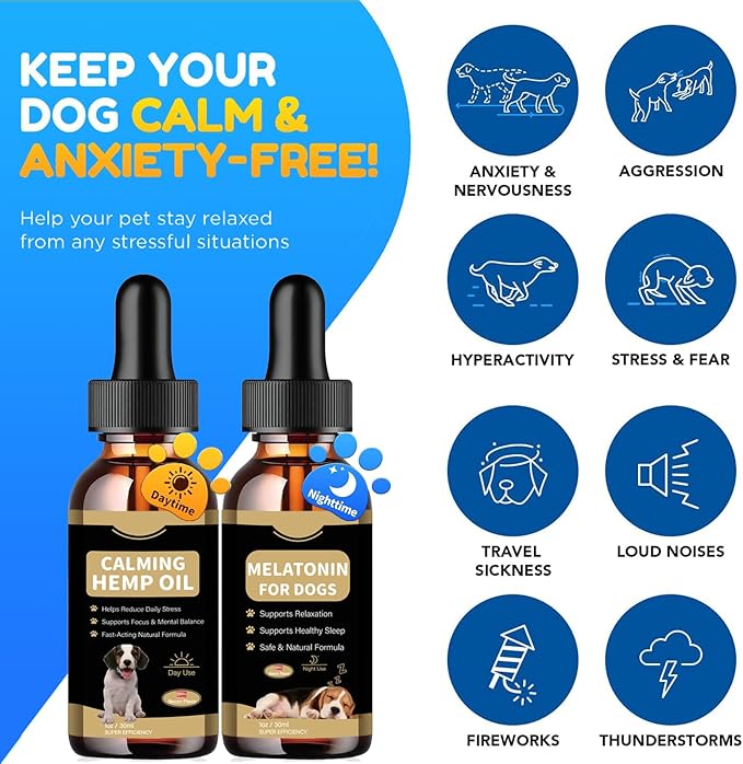 Hemp Oil & Melatonin for Dogs, Day & Night Calming Drops Support Set, Helps with Anxiety, Stress, Aggression, Separation, Relaxation & Sleep Aid