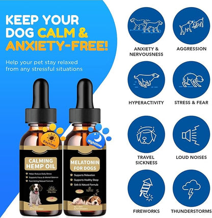 Hemp Oil & Melatonin for Dogs, Day & Night Calming Drops Support Set, Helps with Anxiety, Stress, Aggression, Separation, Relaxation & Sleep Aid