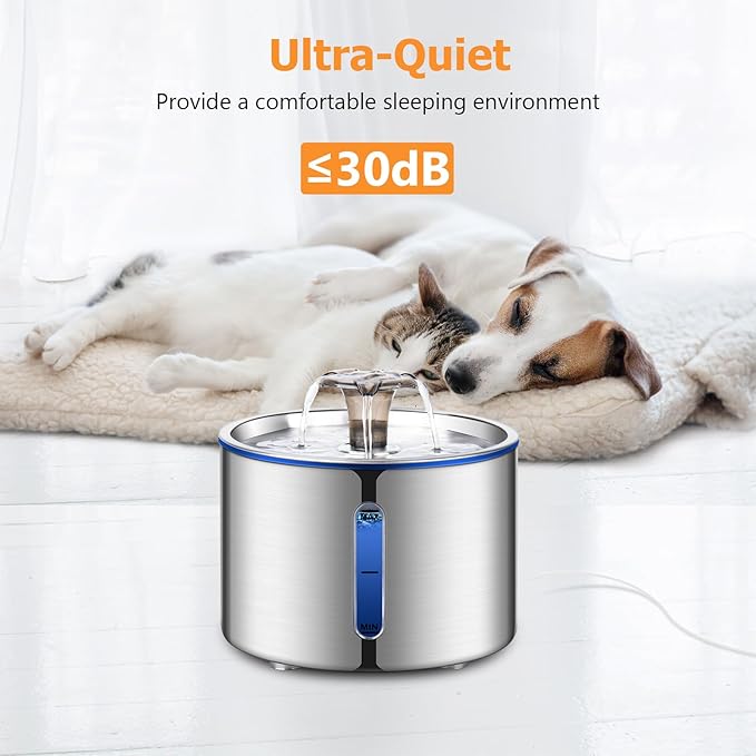 BOORCA Cat Fountain, 84oz/2.5L Stainless Steel Pet Water Fountain, Automatic Dog Water Dispenser, Water Level Window, Ultra-Quiet Pump, Perfect for Cats, Dogs and Multiple Pets, 4 Filters