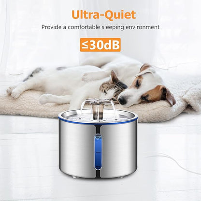 BOORCA Cat Fountain, 84oz/2.5L Stainless Steel Pet Water Fountain, Automatic Dog Water Dispenser, Water Level Window, Ultra-Quiet Pump, Perfect for Cats, Dogs and Multiple Pets, 4 Filters