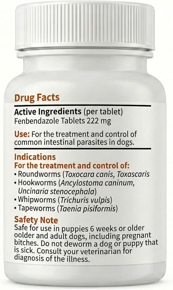 Canine Dewormer (Fenbendazole) for Roundworms, Hookworms, Tapeworms & Whipworms, 6 Chewable Tablets