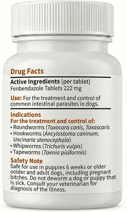 Canine Dewormer (Fenbendazole) for Roundworms, Hookworms, Tapeworms & Whipworms, 6 Chewable Tablets
