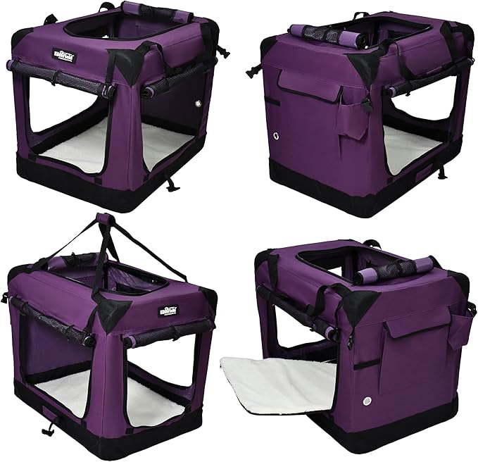 EliteField 4-Door Folding Soft Dog Crate with Curtains, Carrying Bag and Fleece Bed (2 Year Warranty), Indoor & Outdoor Pet Home (24" L x 18" W x 21" H, Purple+4 Door Curtains)