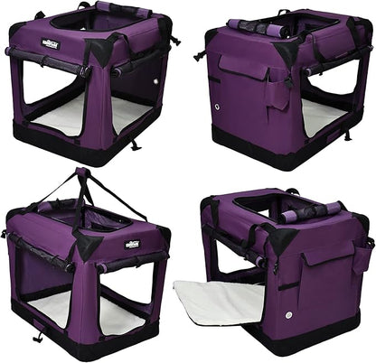 EliteField 4-Door Folding Soft Dog Crate with Curtains, Carrying Bag and Fleece Bed (2 Year Warranty), Indoor & Outdoor Pet Home (24" L x 18" W x 21" H, Purple+4 Door Curtains)