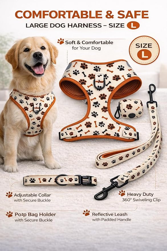 No Pull Dog Harness Set 4PCS – Adjustable Soft Vest Harness with Leash, Collar & Poop Bag Dispenser – Durable & Comfortable for Medium Large Dogs (Size L)