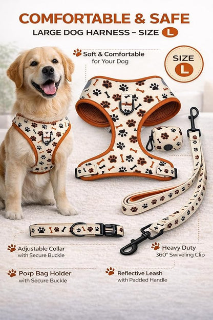 No Pull Dog Harness Set 4PCS – Adjustable Soft Vest Harness with Leash, Collar & Poop Bag Dispenser – Durable & Comfortable for Medium Large Dogs (Size L)