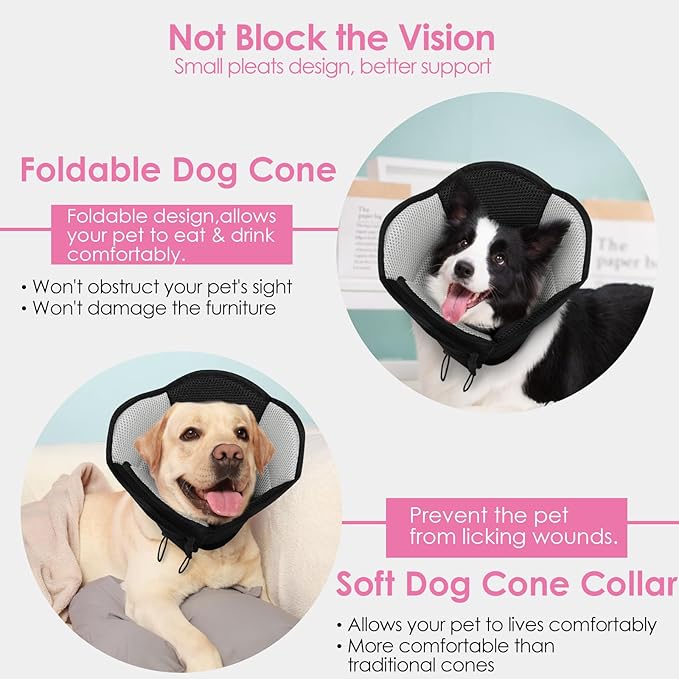 AOFITEE Dog Cone - Soft Cones Dog After Surgery, Comfy Cones for Dogs to Stop Licking, Adjustable Small Dogs Cone Collar for Wound Healing, Elizabethan Pet E-Collar, Black Small