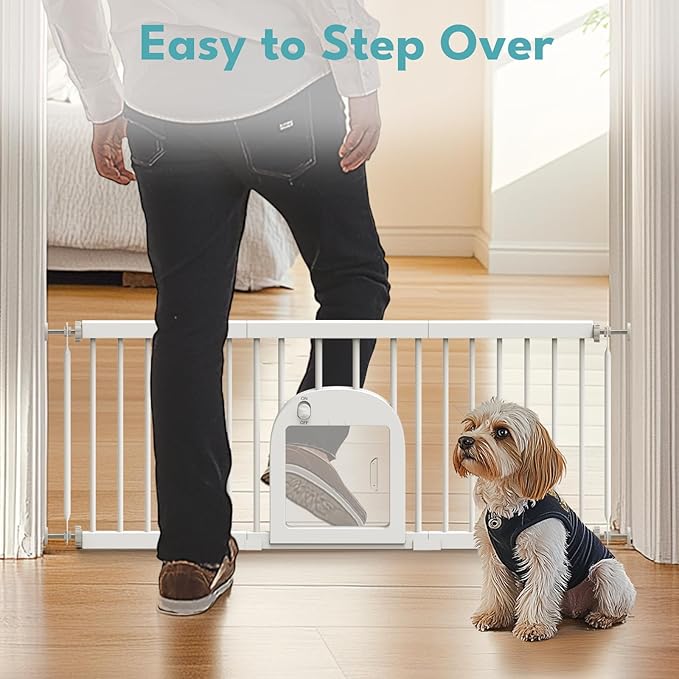 No Pawblems Dog Gate with Small Pet Door, 16"-42.7" Adjustable Metal Short Dog Gate to Step Over, 16.5" Tall Small Pet Gate with 3 Extension Kits, Pressure Mounted Gate for Doorways & Stairs, White