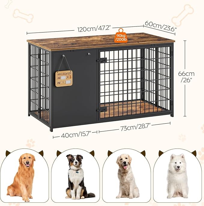 YATINEY Foldable Dog Crate Furniture, 47.2" Dog Crate with DIY Frame, Heavy Duty Dog Kennel Indoor with Hooks, Wooden Dog Cage End Table, for Small/Medium/Large Dogs, Rustic Brown DC120BR
