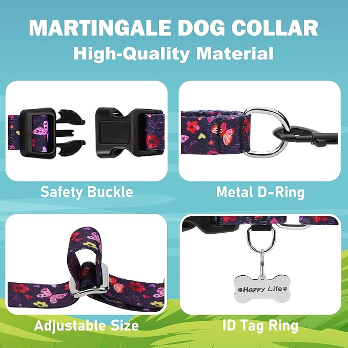 Martingale Collar with Buckle Purple Nylon Adjustable Cute Girl Female Dog Collars (Butterfly Floral, Small)