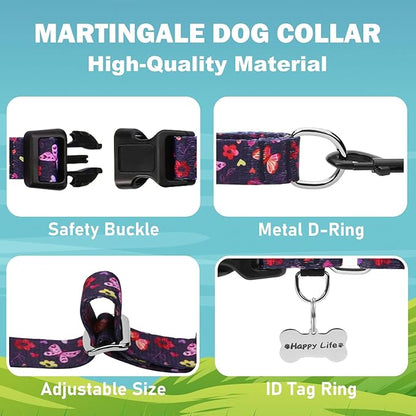 Martingale Collar with Buckle Purple Nylon Adjustable Cute Girl Female Dog Collars (Butterfly Floral, Large)