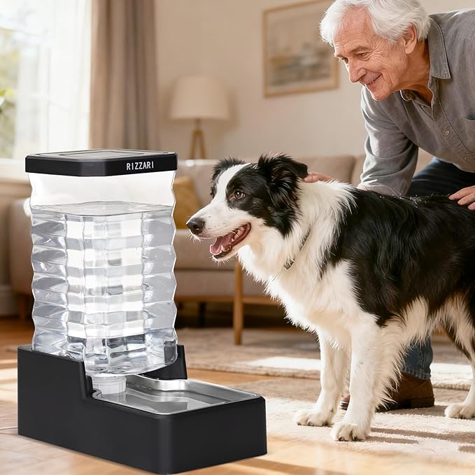 RIZZARI Stainless Steel Dog Water Dispenser : 10L Lagre Capacity Gravity Waterer - Anti-Tip Stay-Put Base - No Power Needed - Leak-Proof Auto Refill - for Large Dogs - Apartment/Office/Pet Corner