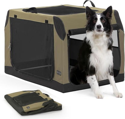 PETSFIT Collapsible Dog Crate, Soft Sided Dog Crate - 36 Inch Sturdy Adjustable Structure, Easy to Set Up, Soft Sided Dog Kennel for Car, Light Tough with 3 Mesh Doors, Army Green