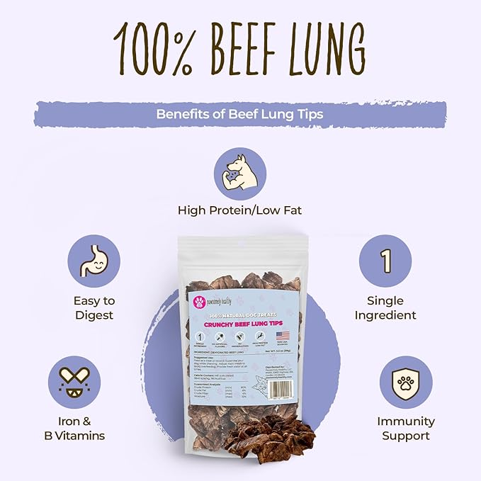 Pawsomely Healthy Crunchy Beef Lung Tips for Dogs – Natural Single-Ingredient Air-Dried Treat, High-Protein/Low Fat & Grain-Free, Made in USA - 3.5 oz