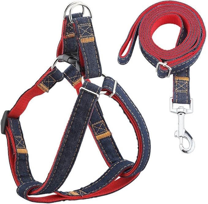 Hypeety Dog Denim Leash Harness Adjustable Heavy Duty Durable Dog Collar No-Pull for Training Walking Running, Good for Large Medium Small Dog (S (9.05"-12.99" Chest Girth))