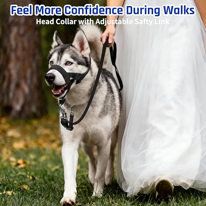 BARKLESS Dog Training Head Collar for Pulling, No Pull Head Halter with Adjustable Safety Strap, Anti-Pull Soft Padded Muzzle Leash for Walking Training Leash Reactive Large Dogs