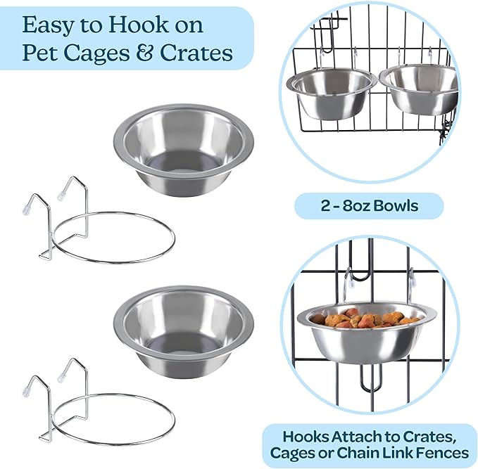 Set of 2 Stainless-Steel Dog Bowls - Cage, Kennel, and Crate Hanging Pet Bowls for Food and Water - 8oz Each and Dishwasher Safe by PETMAKER, Silver
