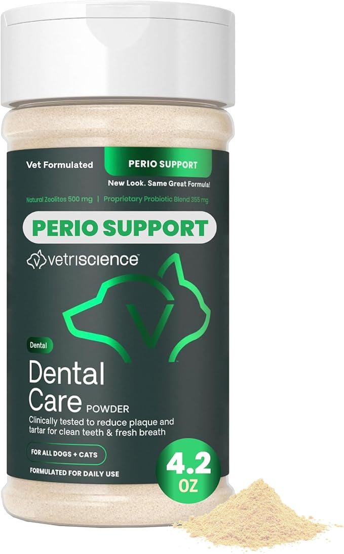 VetriScience Dental Care Powder for Dogs & Cats – Helps Reduce Plaque & Tartar Buildup, Clean Teeth & Fresher Breath, Clinically Tested, Vet-Formulated Oral Supplement, 4.2 oz