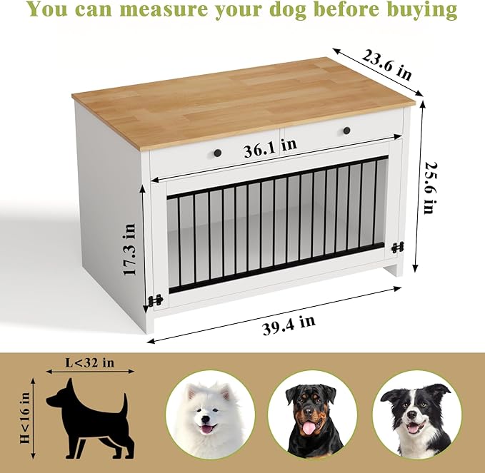 40" Dog Crate Furniture with 2 Large Storage Drawers, Wooden Dog Kennel End Table for Medium & Small Dogs, Decorative Indoor Pet Crate Sideboard with Heavy Duty Metal Bars & Secure Lock, White