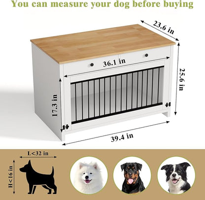 40" Dog Crate Furniture with 2 Large Storage Drawers, Wooden Dog Kennel End Table for Medium & Small Dogs, Decorative Indoor Pet Crate Sideboard with Heavy Duty Metal Bars & Secure Lock, White