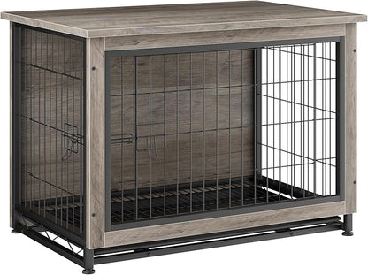 JY QAQA Dog Crate Furniture, Wooden Dogs Crate Table, Double-Doors Dog Furniture, Indoor Dog Kennel, Dog House, Dog Cage/Grey/XL