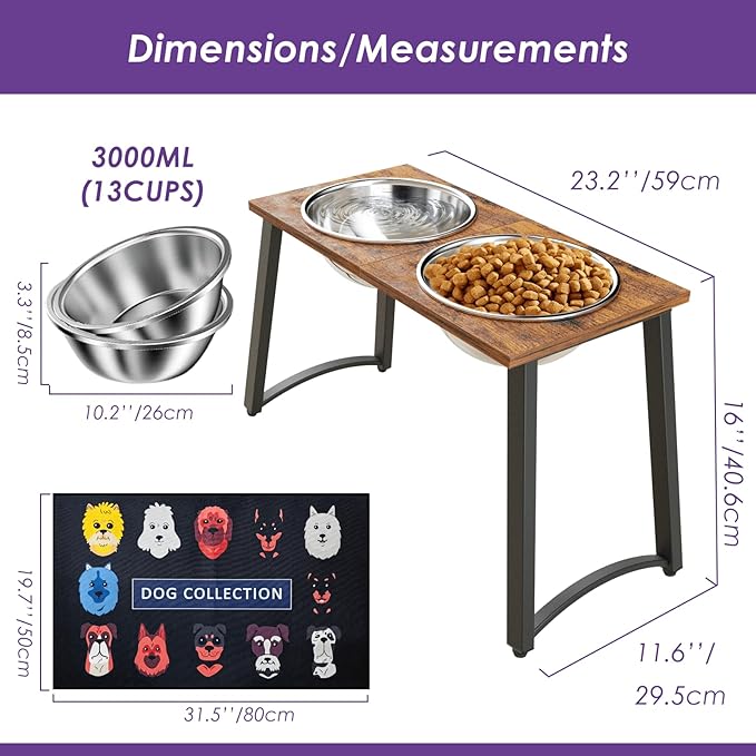 Elevated Dog Bowls for X-Large Dogs with Spill Proof Mat 2 X-Large 3000ML(13CUPS) Stainless Steel Dog Bowls, 16.5" Tall Raised Dog Bowl Stand,Dog Food & Water Bowls for Large, Extra Large Dogs