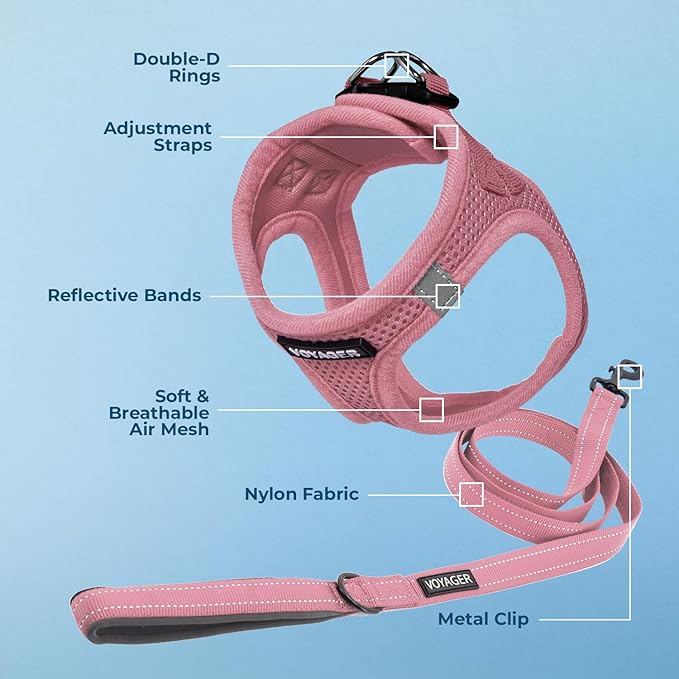 Best Pet Supplies Voyager Step-in Air All Weather Mesh Harness and Reflective Dog 5ft Leash Combo with Neoprene Handle, for Small, Medium and Large Breed Puppies - Set (Pink), XX-Small