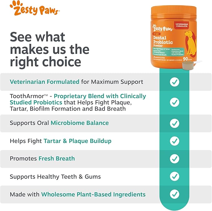 Zesty Paws Probiotic Dental Powder for Dogs Teeth - Fights Plaque, Tartar & Bad Dog Breath - Dog Breath Freshener Powder for Oral Microbiome & Gut Health - Pet Supplement for Teeth & Gums